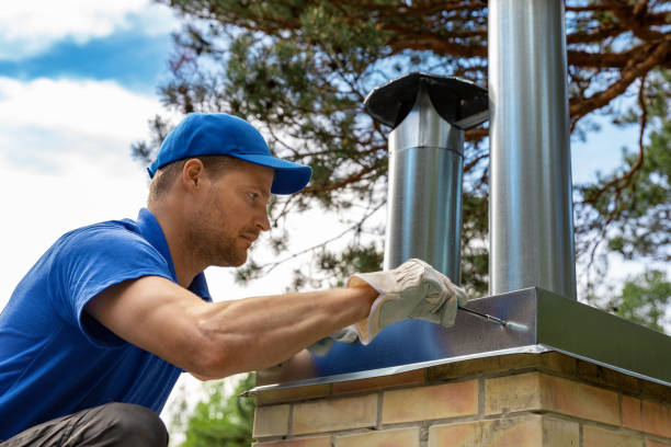 worker on the roof installing tin cap on the brick chimney